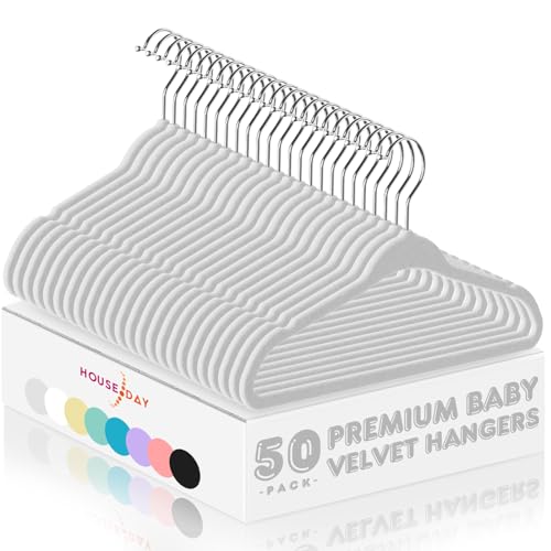 Image of HOUSE DAY 11 Inch Velvet Baby Hangers 50 Pack Grey, Premium Kids Hangers for Children, Infant & Toddler Clothes, Durable Non Slip Small Baby Felt Hanger for Closet, Ideal for Everyday Use