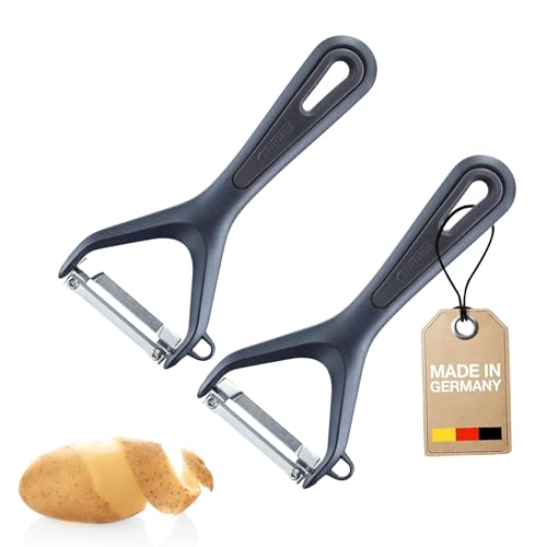 Westmark 2 Pelapatate per Verdure e Asparagi con Taglierina Gentle – Per sbucciare frutta e verdura, lama in acciaio inox, con protezione della lama – Nero, 280222E3