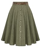 Womens Army Green Long Skirt Corduroy Button Front Aline Flare Flowy Belt Skirts with Pockets Fall
