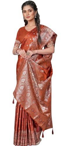 ASIAN CURVES Soft Pure Banarasi Mashru Katan silk saree With Unstitched Blouse Piece (Brown)