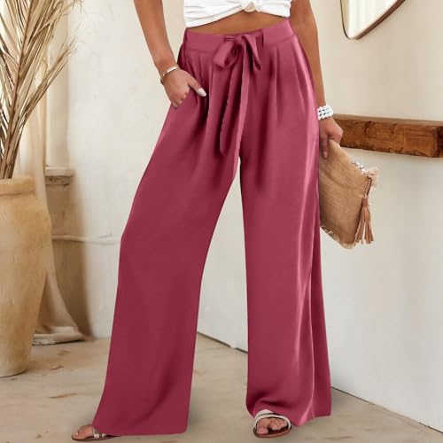 Palazzo Pants for Women Casual Cotton Linen Pants High Waisted Wide Leg Trousers Summer Lounge Pant with Belt Bow2