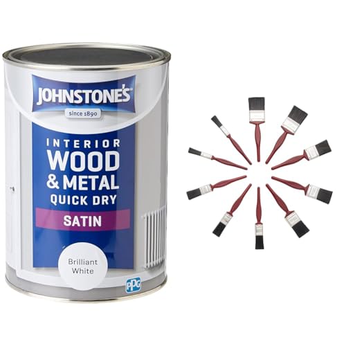 Johnstone's - Quick Dry Satin - Brilliant White - Mid Sheen - Water Based - Interior Wood & Metal & Fit For The Job 10 pc Mixed Sizes Paint Brush Set for a Smooth Finish with Emulsion, Gloss