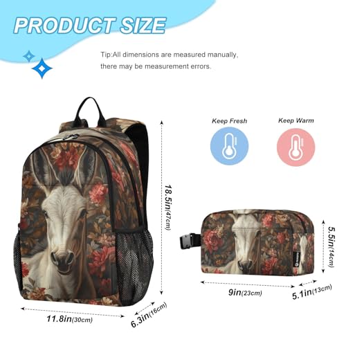 Animals Kids Backpack White Donkey Flowers School Bookbag with Lunch Bag for Boys Girls Preschool Kindergarten Elementary Laptop Daypack2