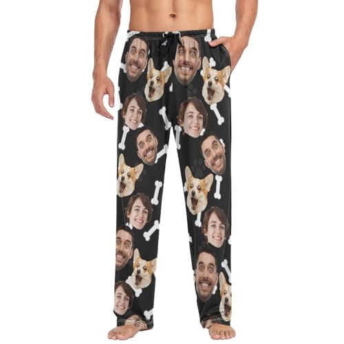 ZZKKO Custom Pajama Pants for Men Personalized Photo Pajama Pants with Dog Pet Face Cotton Pj Bottoms Gift for Him S-XXL