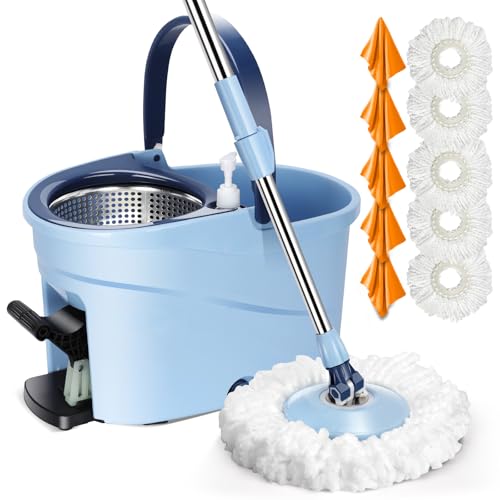 Myiosus Juego de Fregona con Cubo, Cubo Fregona con Pedal Escurridor, Mango Telescópico de 145 cm, Mopas de Limpieza Suelos con Cubo – Enviar 5 Cabezas de Microfibra y 5 Paños