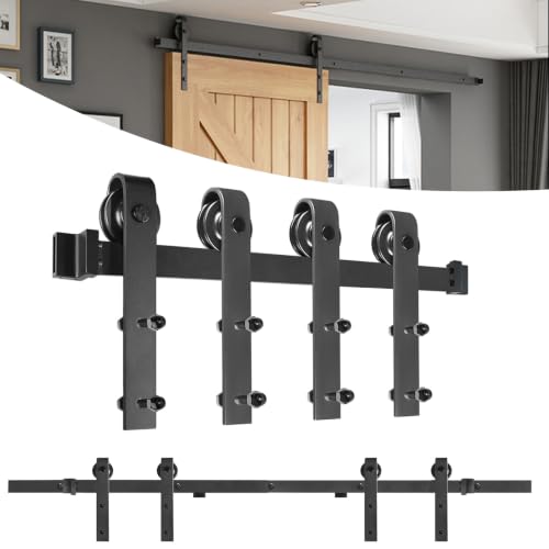 Image of YEATHOR Sliding Door Kit 12ft/366cm Barn Door Sliding Track Set Heavy Duty Hardware Rail System Quiet Rolling Kit Include Roller and Guide for Double Door