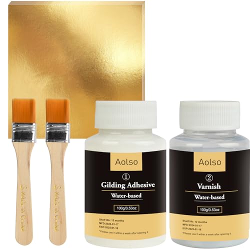 Aolso Juego de Adhesivos para Hojas de Oro,100pcs Hoja de Oro,Incluye 100 ml de Pegamento y 100 ml de Barniz Protector a Base de Agua, 2 Pinceles, para Manualidades, Pintura y Uso Profesional