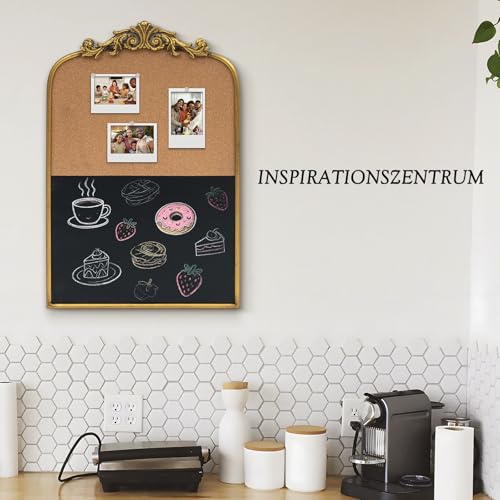 Vintage Pinnwand mit Blumen aus Kunstharz, 40 x 61 cm, halber Kork und halbe Tafel, kunstvoller Eisenrahmen für Wand