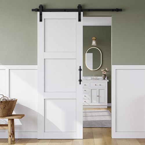 SmartStandard 30in x 84in Sliding Barn Door with 5FT Barn Door Hardware Track Kit & Handle, Waterproof PVC Surface, Pre-Drilled Holes Easy to Assemble, White, Solid, MDF, 3 Panel 30"x84" Doo