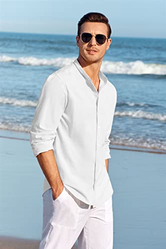 Makkrom BZ4989BS0L Men Linen Shirt Button Down Long Sleeve Cotton Beach Band Collar Casual Summer Shirts thumb #2