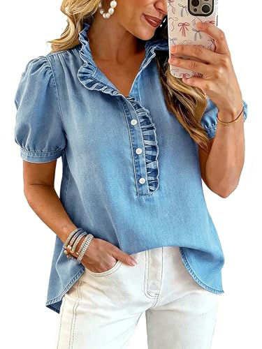 utcoco Denim Shirt Women Y2k Ruffle Denim Top Button Down Jean Shirt 2026 Summer Puff Short Sleeve Blouse (X-Large, Blue)