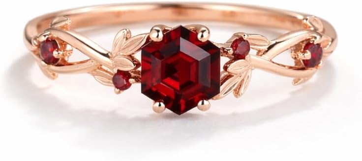 Hexagon Cut Red Garnet Ring for Women Wedding Solid Rose Gold Leaf Vine Engagement Ring Vintage Nature Inspired Promise Jewelry Gift for Her