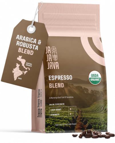 Organic Espresso Beans, Light Roast Whole Bean Coffee, Ja Ja JAVA Espresso Blend for Espresso Machine, Specialty Grade Arabica, USDA Organic, Fresh Roasted, 12 oz