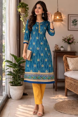 Image of Women's Cotton Blend Unstitched Kurti Set for Women | A-Line Style Dress Material | 2-Piece Traditional Ethnic Wear Suit Fabric