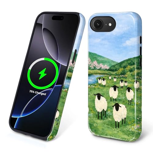 Goodsprout for iPhone 16e Cases,Campatible with Magsafe,2-Layer Hard Shell + Silicone Cover - Shockproof Protection, High-end and Fashionable Phone Case Green Grassland with A Flock of Sheep