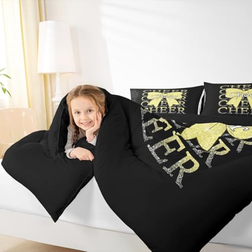 Image of Feelyou Cheer Bow Comforter Set All Season Cheerleader Bedding Set with 2 Pillow Cases Funny Sport Microfiber Kids Queen Bedclothes Yellow Bedroom Decor Duvet Quilt Breathable Soft Lightweight