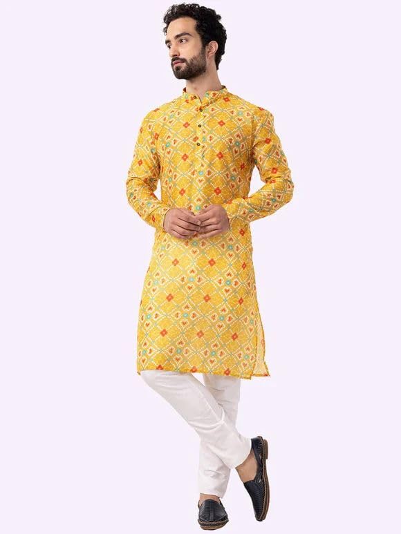 Image of LookMark Men's Cotton Blend Printed Long Kurta Suitable for All Indian Wedding, Occasions, and Festivals