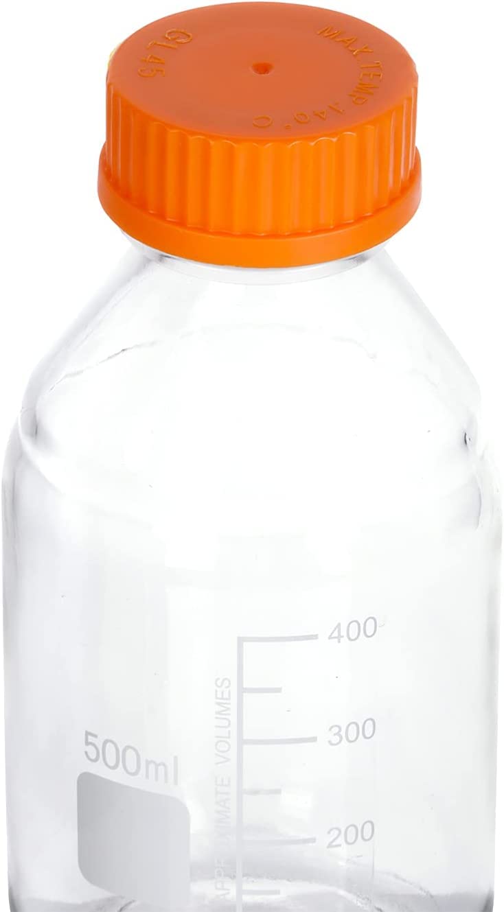 Lab Media Storage - Botellas redondas de vidrio graduado, GL45, tapón de rosca, a prueba de fugas, multiusos, para científicos, paquete de 8 (naranja, 500 ml)