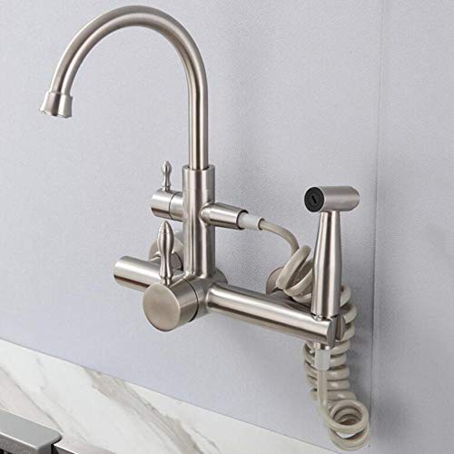 Robinet cuisine mural douchette spray multifonction jet réglable et bec rotatif en acier inox