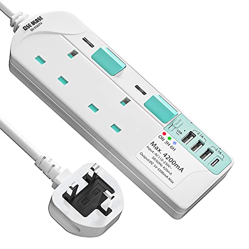SE UKASE Extension Lead with USB Slots(5V/5A),USB Timer, 2 Way Plug Sockets with Individual Switches USB and Type C