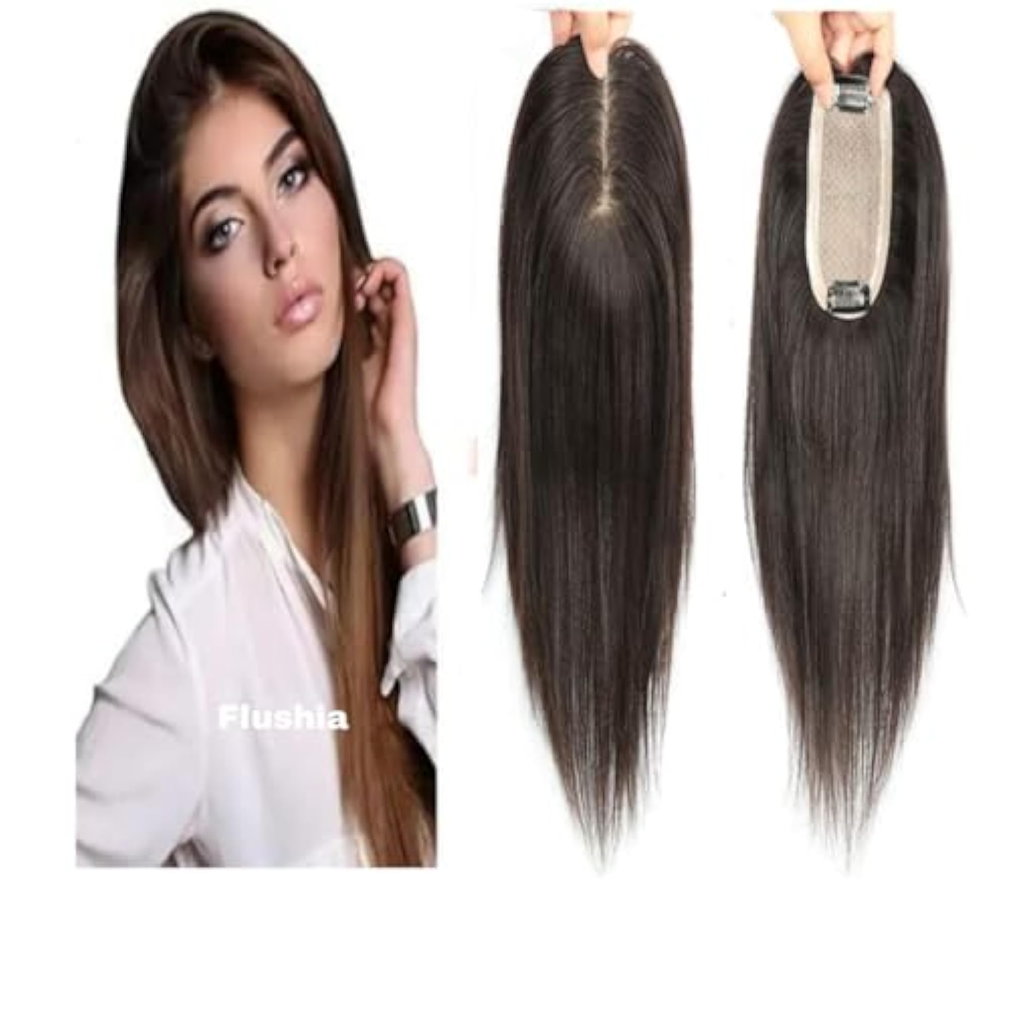 Women's Hair Topper with 2 Snap Clips, Dark Brown