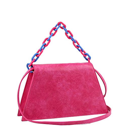 Cute Retro Plastic Chain Vegan Leather Fur Mini Satchel Bag Crossbody Clutch (2 Way Triangle Flap Satchel - Fuchsia)