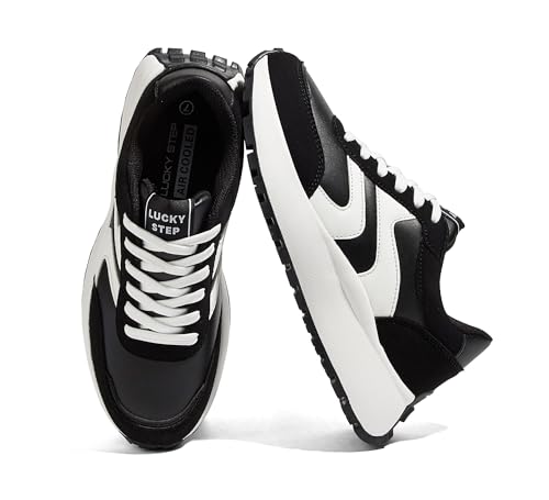 LUCKY STEP Women's Casual Retro Fashion Sneakers Classic Platform Stylish Walking Shoes Trainers Anti-Slip Lace-up Street Style Footwear(Black,8.5)