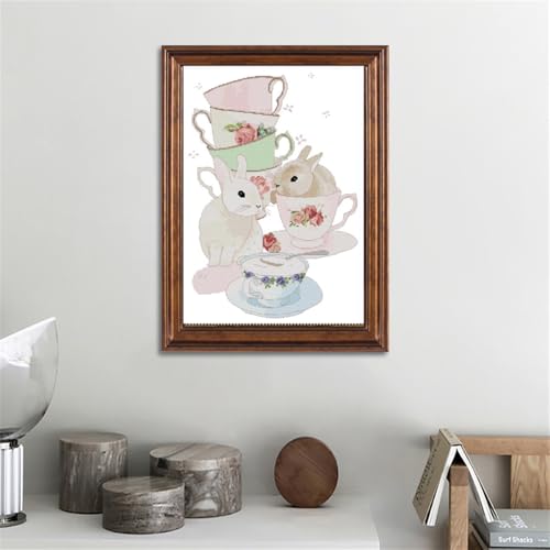 Image of JOYSEWING Bunny Stamped Kits Cross Stitch Kits for Beginners Counted Patterns Embroidery Kits 11CT Needlepoint DIY Kids Craft kit Home Decor (Printed) 18.1x24.8 inch (Cup and Rabbit (Printed))