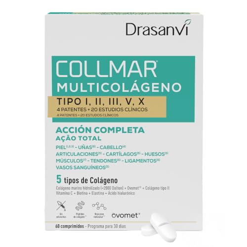 Drasanvi Colageno Complex + Acido Hialuronico, Vitamina C, Biotina | Colágeno Marino Hidrolizado 5 tipos |Acción Completa Piel-Uñas-Cabello-Articulaciones-Huesos | Multi Colageno 60 Comprimidos