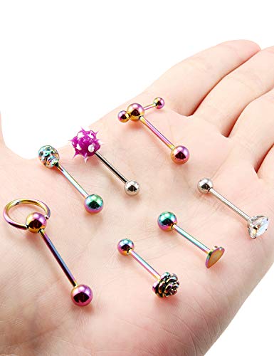 Prjndjw 14G Tongue Rings Skull Tongue Rings Flower/Door Knocker/Silicone Soft Spike Ball/Heart/Cubic Zircon/Double Barbell Wiht Slave Tongue Rings For Women Men Body Piercing Jewelry Rainbow #TOP2
