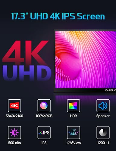 Image of CAPERAVE 17.3 inch Portable Monitor 4K, 500 Nits 3840 * 2160p 100% Adobe RGB Travel Monitor with Bulit-in Kickstand & Speakers, Portable Computer Monitor, External Monitors for Laptop PC Xbox Switch PS4 /5