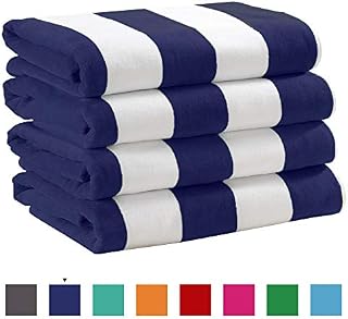 Great Bay Home 4 Pack Plush Velour 100% Cotton Beach Towels. Cabana Stripe