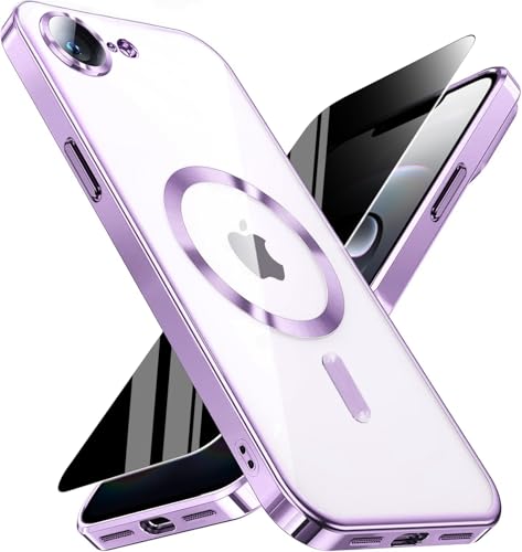 Image of Magnetic for iPhone 17e /16e Case with Privacy Screen Protector & Full Camera Cover,[Non-Yellowing] Plating Glossy Soft Shockproof Clear Phone Case with MagSafe Women Girls for 16 e /17e,Light purple