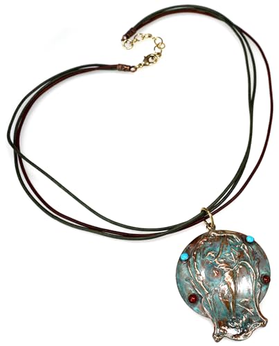 Elaine Coyne Collectible Artwear Verdigris Patina Art Nouveau Lady Floral Pendant Necklace - Turquoise and Jasper