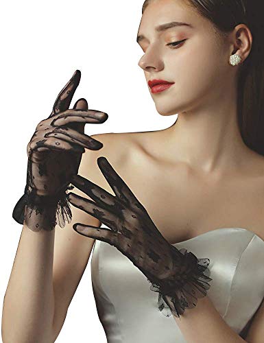 Hoseirty Damen Kurz Spitze Tüll Hochzeit Party Handschuhe für Braut Handgelenk Länge Vintage Spitze Tee Party Abend Abschlussball Oper Party Handschuhe, Schwarz 02, Handgelenk Länge Cover