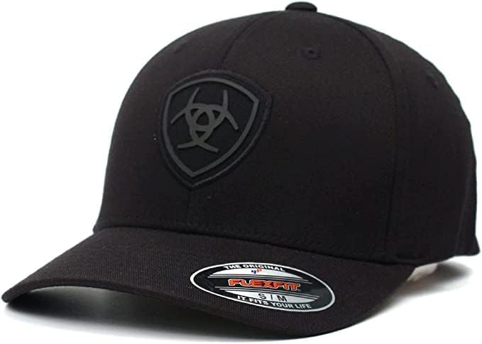 ARIAT Gorra negra con logotipo Flexfit Shield para hombre, talla S-M, Negro -