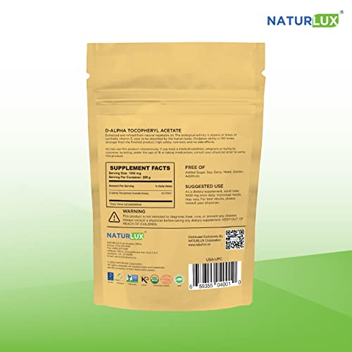 Naturlux D-Alpha Tocopheryl Acetate, Vitamin E, 200G (0.4Lb), Gluten Free, Vegetarian Capsules, Soy Free & Non-Gmo, 7.05 Ounce (Pack Of 1) #TOP1