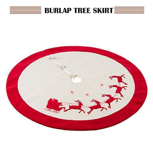 Gmoegeft 48 Inches Burlap Christmas Tree Skirt With Red Trim Reindeer Printing Rustic Style Xmas Home Decoration Ornaments (Red Reindeers) #TOP2