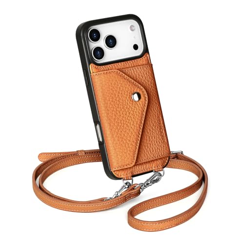 LUCKYCOIN for iPhone 17 Pro Max, Crossbody Wallet Phone Case with Expandable Card Holder, Premium Full Grain Leather Phone Purse with Adjustable Strap, Hands-Free Wallet Cover for Woman - Pebble Brown by LUCKYCOIN - Used condition - US$20.33