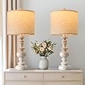 BOBOMOMO 24" Farmhouse Resin Table Lamp Set of 2, Vintage Lamps for Living Room Bedroom with Linen Shades, Traditional Rustic Bedside Lamps Retro Table Lamps for Living Room, Bedroom, Office