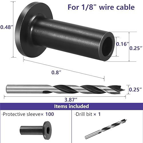 Steel DN Mate 100 Pack Black Cable Railing Protector Sleeves 1/8 for Wire Rope Cable, T316 Protective Sleeves for Wood Post, T316 Stainless Steel Marine Grade DB18