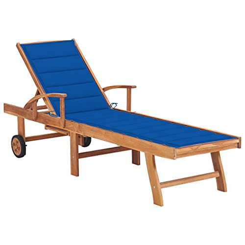 Mokuyary Tumbona con cojín azul real de madera maciza de teca, tumbona de playa para jardín, balcón, terraza, camping, playa, piscina