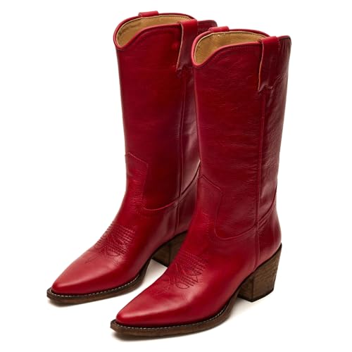 Yishaweiqi Cowboy Boots for Women Wide Calf Pull On Cowgirl Boots Chunky Heel Snip Toe Mid Calf Western Boots