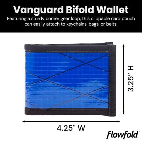 Image of Flowfold Vanguard Recycled Sailcloth Bifold Wallet | Slim and Durable with Cash pocket, Two Hidden Card Pockets and Two ID Windows | Holds 10-12 Cards | Minimalist Wallet Made in USA | Blue Sailcloth