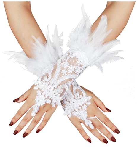 LVOW 2Pcs Gothic White Lace Feather Long Gloves for Women Halloween Witch Costume Swan Wristband Cuff(White)