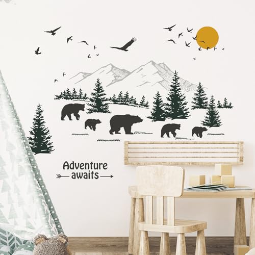 Tanlaby Mountain Forest Bear Wall Stickers, Woodland Pine Tree Animal Inspirational Quotes Wall Decals - Image 3