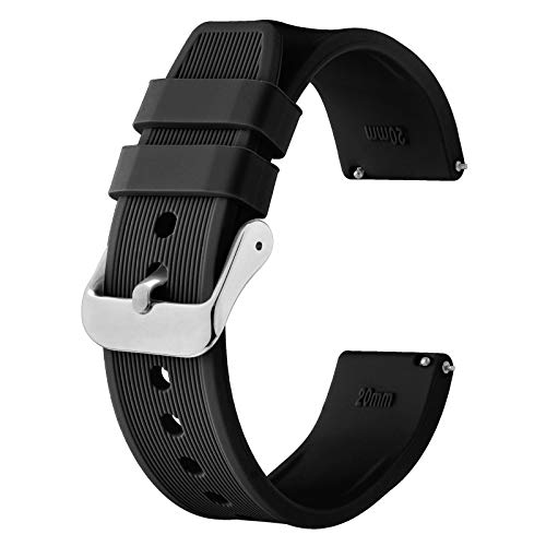 BISONSTRAP Silikon Armband 22mm, Schnellwechsel Gummi Uhrenarmband für Herren Damen,Schwarz/Silberne Schnalle Cover