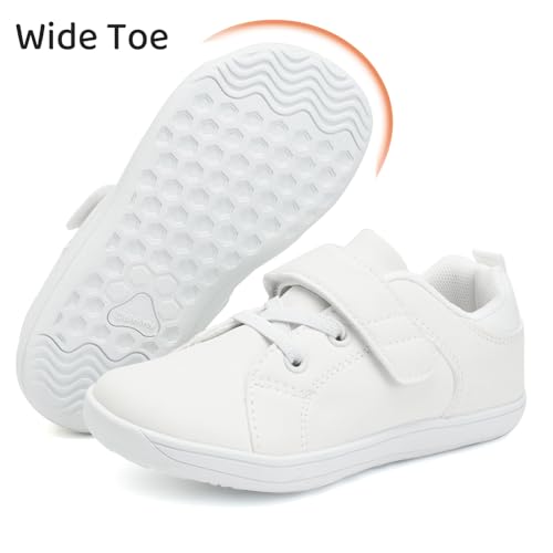 WateLves Toddler Little Kid Wide Barefoot The First Walking Shoes Girls Boys Leather Uniform Dress Shoes Lightweight Splay Naturally Minimalist Sneakers (White, 25)2