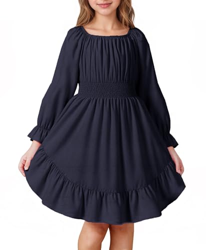 JiAmy Girls Dresses Kids Fall Long Sleeve Smocked Ruffle Tiered Off Shoulder Dress