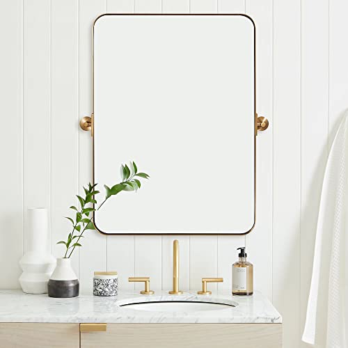Andy Star 20"X30" Brushed Gold Pivot Mirror For Bathroom, Brass Metal Frame Bathroom Mirrors For Wall，Rectangle Titling Vanity Wall Mirror With Rounded Corner Design Hangs Vertically Only #TOP1